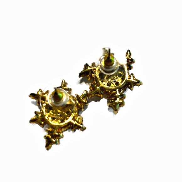 Snowflake filigree pierced earrings 925 silver & gold clear crystal signed CL - Picture 2 of 7